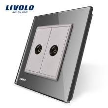 Livolo, Gray Crystal Glass Panel, 2 Gangs Wall TV Socket / Outlet VL-C792V-15, Without Plug adapter